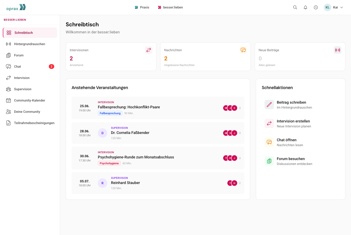 Der Community-Schreibtisch in oprax mit anstehenden Veranstaltungen