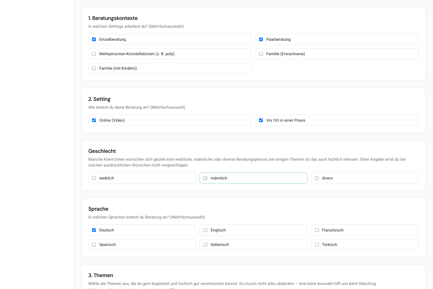Matching-Profil in oprax mit Beratungskontexten und Setting