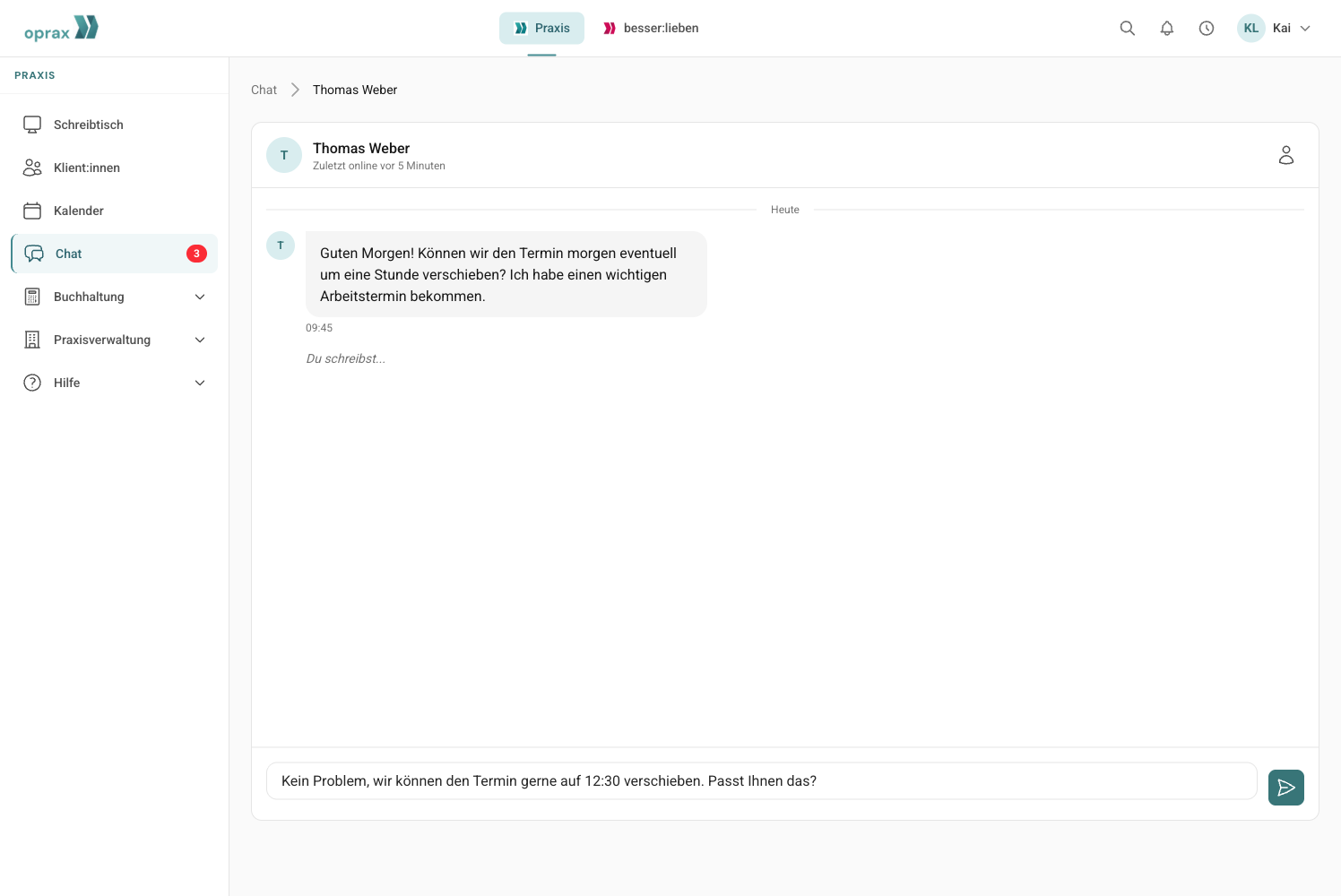 Sicherer Chat zwischen Berater:in und Klient:in in oprax