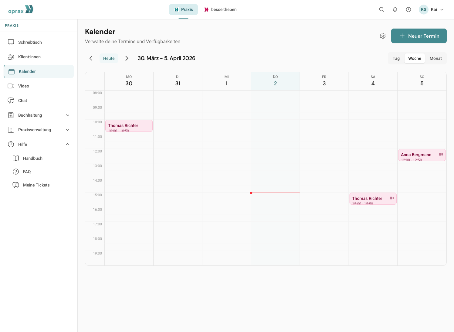 Wochenkalender mit Terminen in oprax