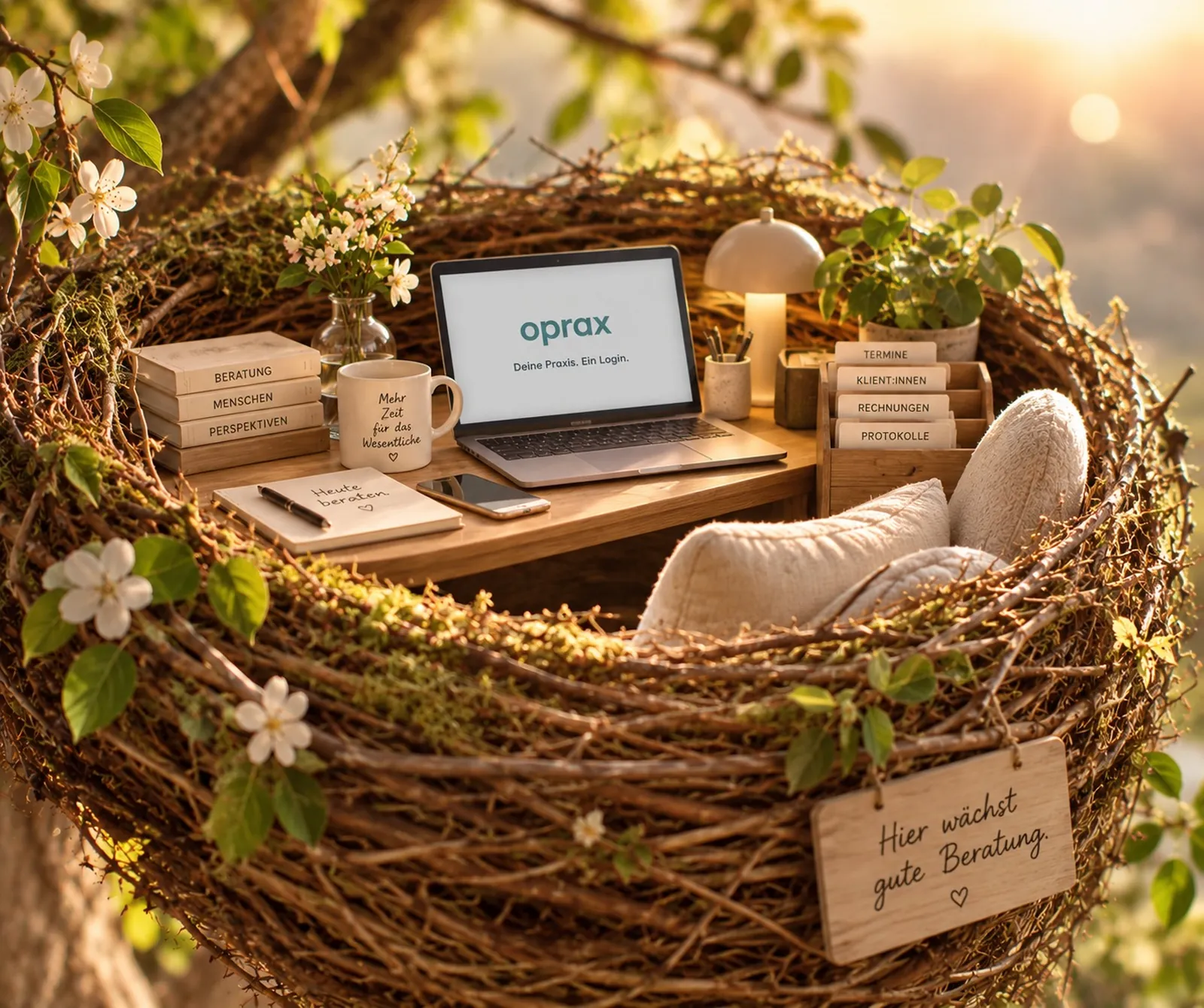 Ein eingerichtetes Nest mit kleinem Schreibtisch, Laptop mit oprax-Startbildschirm, Tasse und Karteikasten