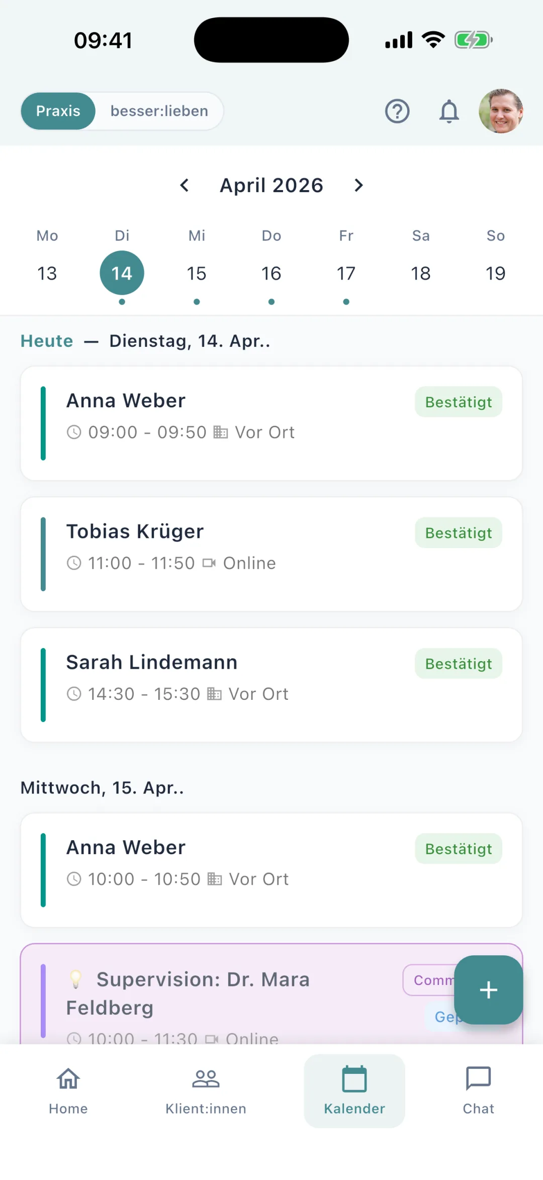 Kalenderansicht in der oprax App für Berater:innen