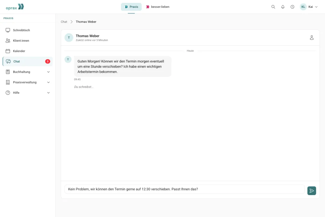 Sicherer Chat mit Klient:innen in oprax