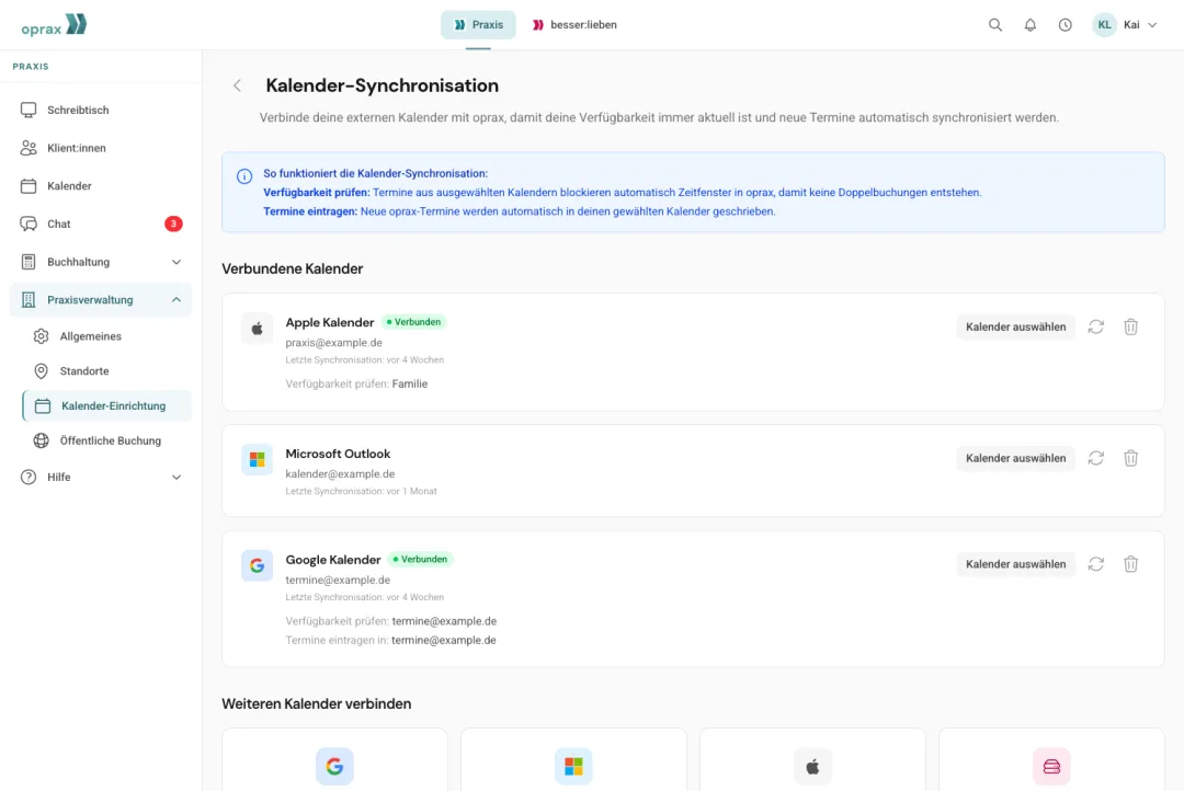 Verbundene externe Kalender (Apple, Outlook, Google) in oprax