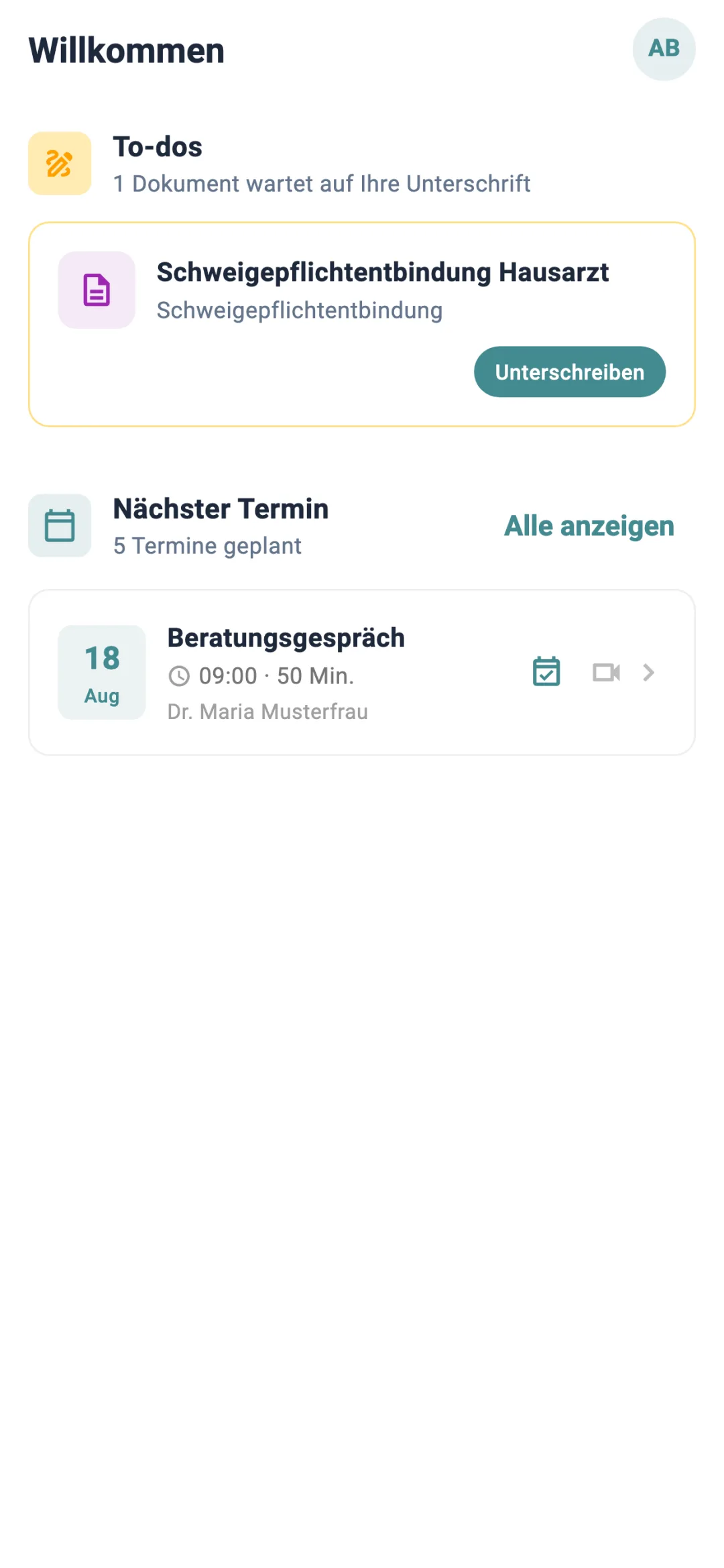 Startbildschirm der App: offene To-dos und der nächste Termin