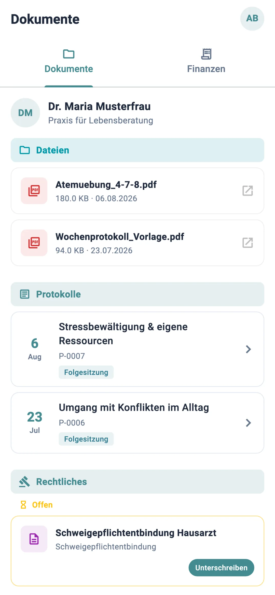 Dateien, Protokolle und Rechtliches in der Klient:innen-App