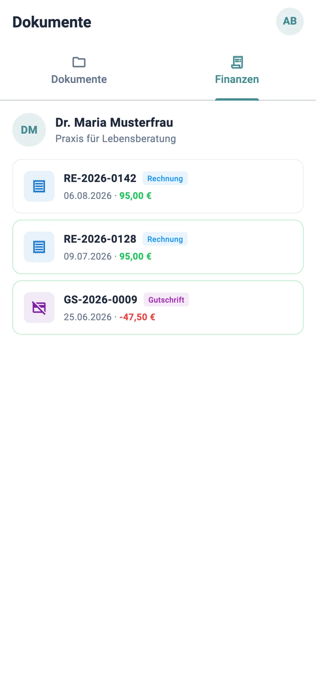 Rechnungen und eine Gutschrift in der App für Klient:innen