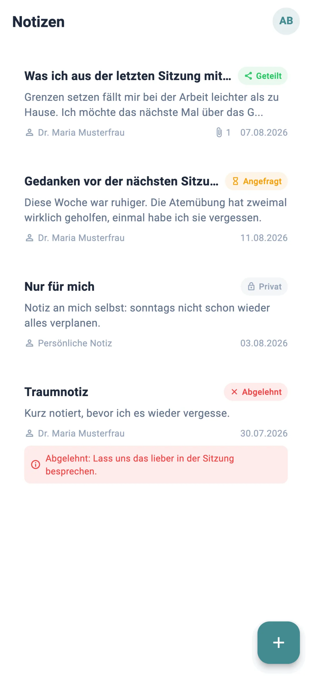 Notizen mit den vier Zuständen privat, angefragt, geteilt und abgelehnt