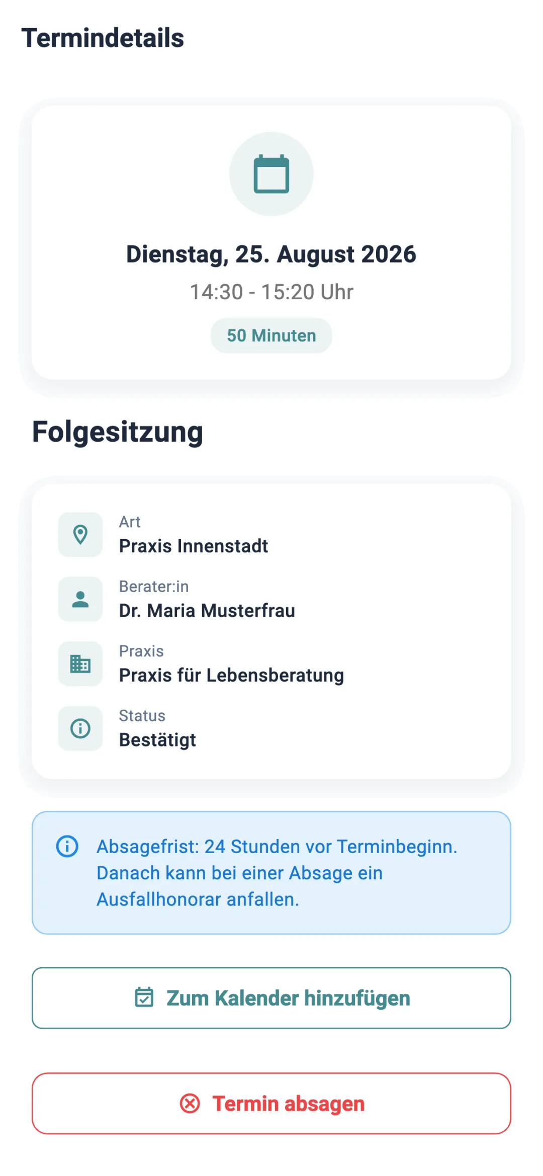 Termindetails in der App mit Uhrzeit, Ort, Berater:in und Absagefrist