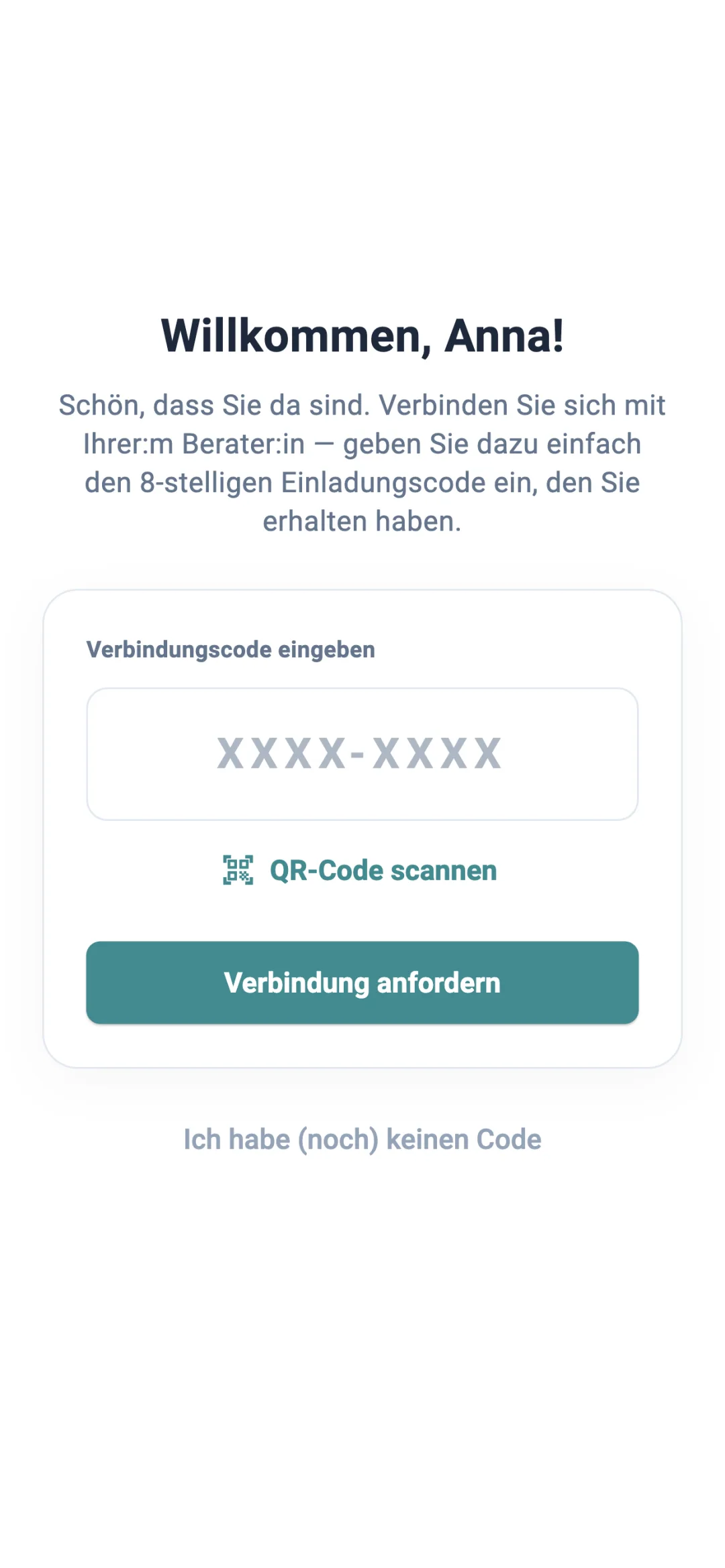 Erster Start in der App mit Eingabe des Verbindungscodes
