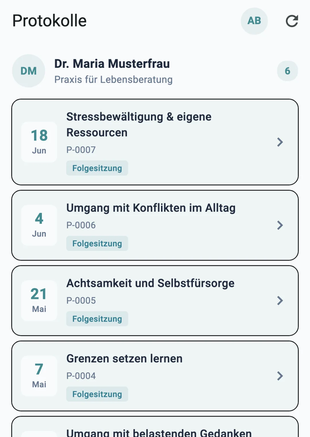 oprax App für Klient:innen mit freigegebenem Protokoll