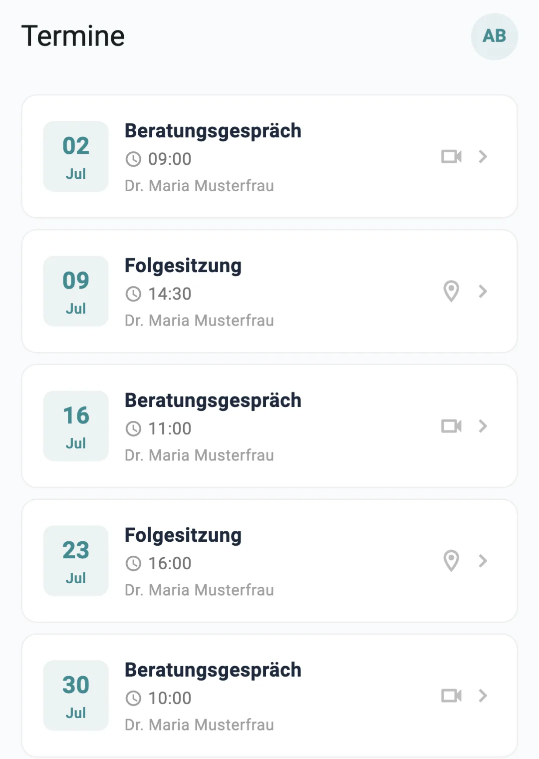 Die oprax Klient:innen-App zeigt anstehende Termine