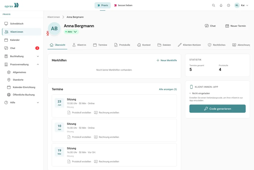 Klient:innenakte mit Übersicht, Terminen und App-Verbindung