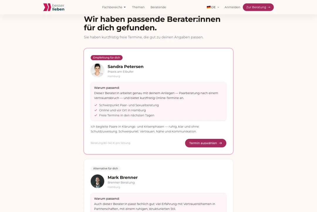 Match-Run auf besser:lieben mit passenden Berater:innen und Begründung