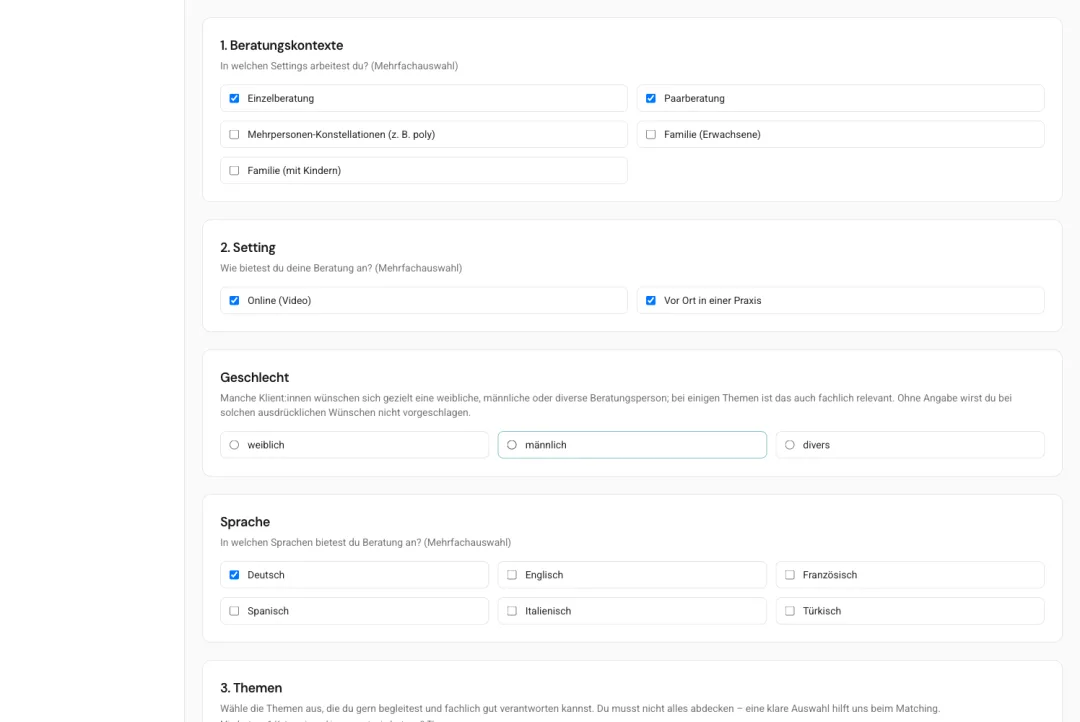 Matching-Profil in oprax mit Beratungskontexten und Setting