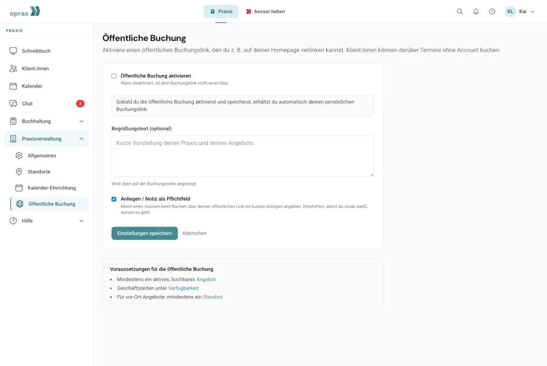 Einstellungen der öffentlichen Buchung in oprax